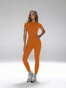 Conjunto de yoga para mujer, pantalones deportivos de cintura alta, conjunto deportivo moldeador de 2 piezas, conjunto de yoga con control de abdomen, camiseta de cuello redondo ajustada emparejada con pantalones de yoga de cintura alta, conjunto esen - Naranja - Ver 8