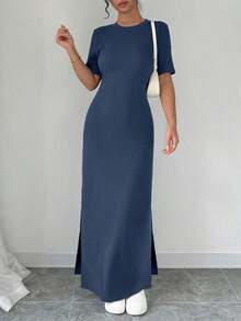 Vestido largo de mujer de manga corta con cuello en V y bajo dividido, de unicolor, vestido maxi elegante de color burdeos, vestido largo ajustado, vestido largo rojo, vestido maxi de manga corta para mujer, vestidos de mujer, vestido largo ajust - Azul marino - Ver 5