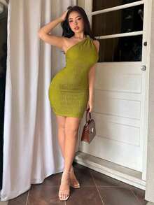 Vestido Bodycon De Un Hombro Con Diseño Texturizado - Verde - Ver 3