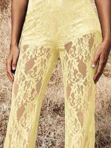 Pantalones elegantes de cintura alta con volantes de encaje para mujer, para citas, salidas nocturnas, para otoño e invierno - Amarillo claro - Ver 4