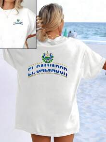 National Symbol With Shield And Lettering Representing Salvadoran Pride And The Values Of Unity In Central America With Colorful Details, Comfortable Double-Sided Casual Women's T-Shirt For Summer Beach - 白色 - 查看 8