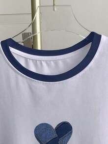 Camiseta casual de mujer de manga corta con cuello redondo y estampado de corazón en bloques de color - Blanco 8 - Ver 3