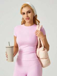 1 pieza Camiseta deportiva de manga corta de ajuste ceñido y minimalista para mujer, ideal para el verano - Rosa 2 - Ver 8