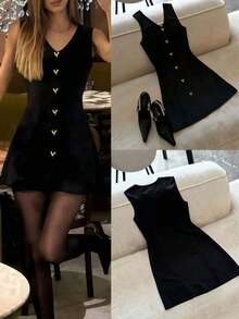 2026 Nuevo vestido mini elegante para mujer, vestido de fiesta de verano, falda elástica de punto sexy con diseño de hebilla de corazón de metal, adecuado para fiestas, viajes diarios, citas nocturnas - Negro - Ver 3