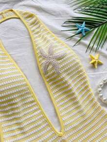 Body sexy de punto blanco con textura y patrón ondulado, escote en V profundo y espalda descubierta para mujer, elegante y ajustado, adecuado para fiestas, citas, té de la tarde, vacaciones boho, playa, atuendo de verano. - Amarillo 2 - Ver 4