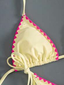 Bikini de 2 piezas de unicolor con escote halter y lazos, sexy y elegante para playa, vacaciones, viajes y fiestas. Nuevo para primavera/verano - capullos de color rosa amarillento - Ver 4