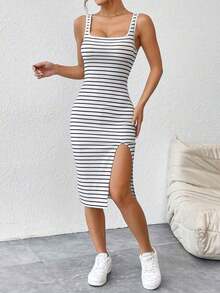 Vestido casual de verano para mujer con parte superior de tirantes básica a rayas y abertura - Blanco y Negro - Ver 8