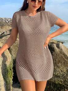 Conjunto de ropa de verano para mujer - Cubierta de playa de unicolor con cortes huecos, estilo de vacaciones de verano - Rosa vieja 2 - Ver 5