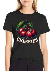 playera gráfica de algodón para mujer, estilo casual, lindo, color cereza, estilo clásico - Estilo negro. - Ver 12