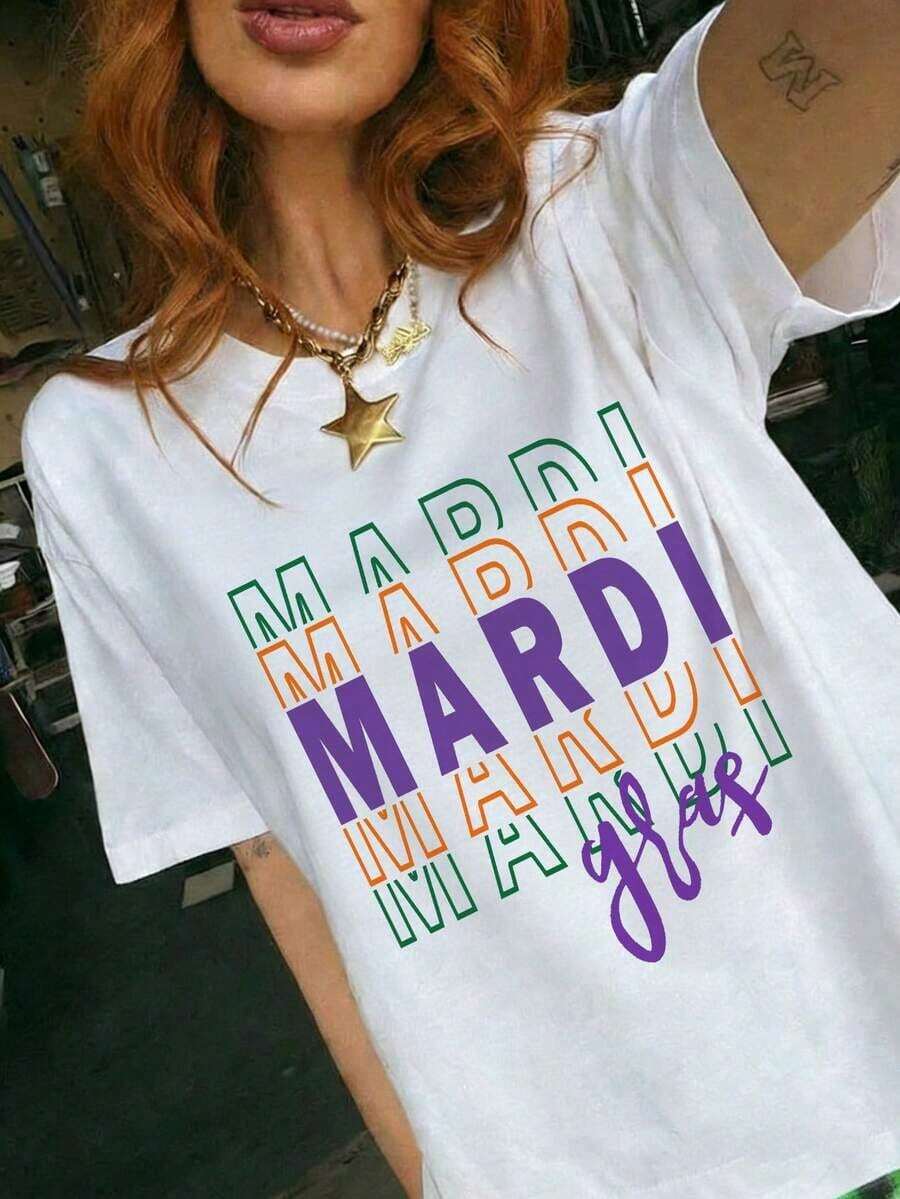 Women's Premium Oversized Short-Sleeve T-Shirt With A Retro-Style Colorful Letter Graphic Print, Crew Neck, Y2K Style, Loose Fit, Casual Top, Breathable And Lightweight Streetwear For Everyday Wear, Music Festivals, Holidays, Weekend Getaways, Perfect For Urban Style, Casual Outings, College Campus And Everyday Summer Looks, . - 白色 - 查看 1