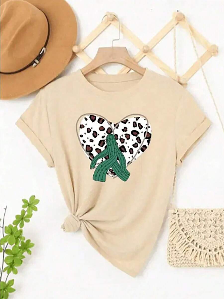 Women's Casual Heart Print Short Sleeve T-Shirt And Leopard Print - 杏 - 查看 1