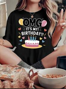 Women's T-Shirt With A Fun And Simple English Birthday Pattern Print, Fashionable And , With A Round Neck And Short Sleeves, Casual And Simple Sports T-Shirt, Comfortable Summer Vacation Top For Women - 黑色 - 查看 1