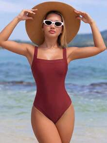 Traje de baño de una pieza elegante y ajustado con corte de color en contraste azul marino y blanco, con tirantes anchos ajustables para mujer, Primavera/Verano 2026 - Burdeos - Ver 3