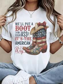 1 Piece Of Women's Round Neck T-Shirt With Cowboy Boot Print And American Flag And Text, Short Sleeve, Casual Summer Style For Patriotic Events And Outdoor Activities, 180g, 100% Cotton. - 白色 - 查看 12