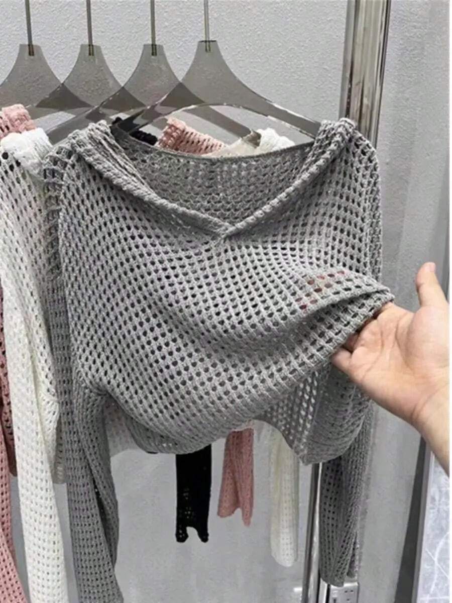 Pointelle-suéter de punto con capucha para mujer, Jersey transparente calado de manga larga, Top corto, traje Y2K para adolescente, primavera y verano - Gris - Ver 1