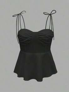 1 pieza Blusa casual sin mangas con volantes en el bajo, Elegante top tubo minimalista francés de color blanco puro, Camiseta sin mangas ajustada para vacaciones y viajes, Ligera camiseta con lazo delantero, Ropa exterior sexy tipo babydoll que acentúa las curvas, Primavera/Verano/Otoño - Negro - Ver 4