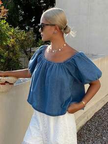 Blusa vaquera de mujer de manga corta, holgada y casual con hombros descubiertos de unicolor - Azul - Ver 7