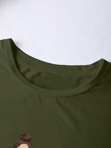 Plus Size Casual T-Shirt With A Print Of A Smiling, Healing Girl - Olive Green - View 3