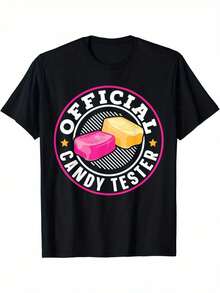 Official Candy Tester Design T-Shirt - Men's Casual Cotton T-Shirt With Fun Lollipop Design, Black With Pink And White Details, Short Sleeve, Crew Neck, For Casual And Everyday Wear - T-Shirt With Fun Design And Soft Fabric. - 黑色 - 查看 1