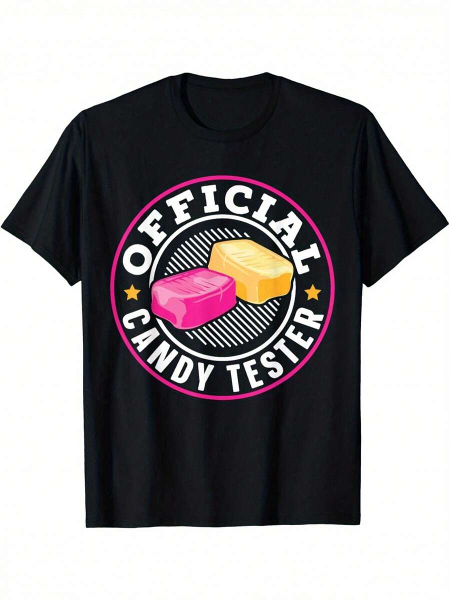 Official Candy Tester Design T-Shirt - Men's Casual Cotton T-Shirt With Fun Lollipop Design, Black With Pink And White Details, Short Sleeve, Crew Neck, For Casual And Everyday Wear - T-Shirt With Fun Design And Soft Fabric. - 黑色 - 查看 1