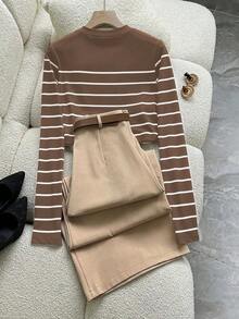 2 piezas Conjunto elegante de camiseta de manga larga a rayas y pantalones con bolsillos y cinturón para mujer - Café integral - Ver 2