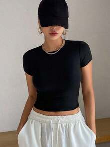 Camiseta de manga corta de unicolor casual para mujer, verano - Negro - Ver 3