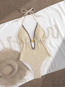 Traje de baño de una pieza con escote en V profundo con corbata en el cuello, decoración de estrella de mar metálica, para mujer, moda de resort y playa - Caqui - Ver 8