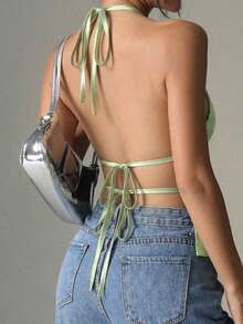 Camiseta sin mangas de satén con pliegues, cuello de halter y espalda descubierta, unicolor, de uso casual para mujer - Verde - Ver 2