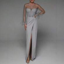 Sensual Spring-Summer Maxi Dress, Strappy And Pearl Design, Long Sleeve For Special Occasions - 灰色 - 查看 2