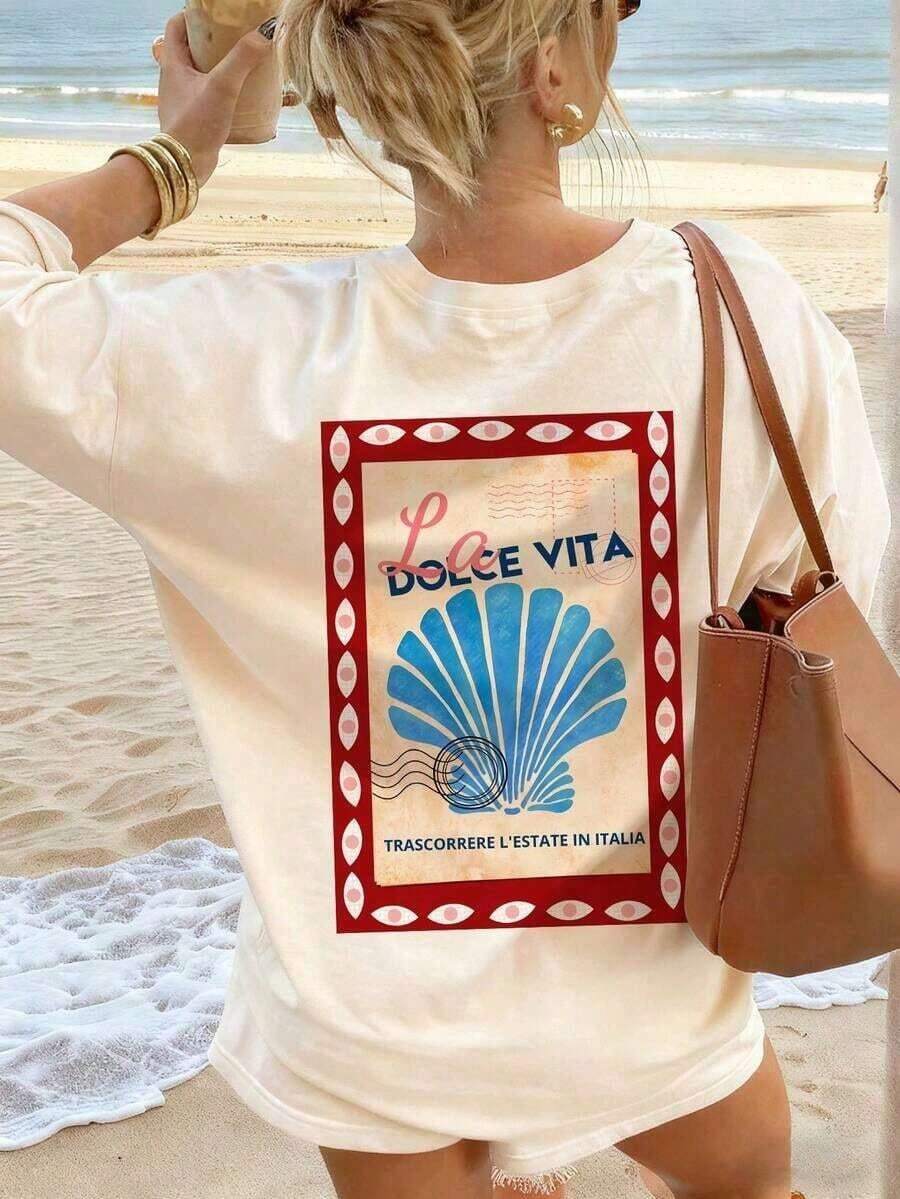 Camiseta de manga corta con cuello redondo y estampado de cocotero y sol de SOUL para mujer, nueva colección primavera/verano, versátil y a la moda, esencial para uso diario y vacaciones. - Estilo - Ver 1
