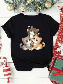 Women's Short-Sleeved Crew Neck T-Shirt With A Print, Made From Pure Cotton. The Classic, Minimalist Crew Neck Is Versatile And Flattering For All Body Types. Perfect For Dates, Commuting, And Casual Outings. - 黑色 - 查看 1