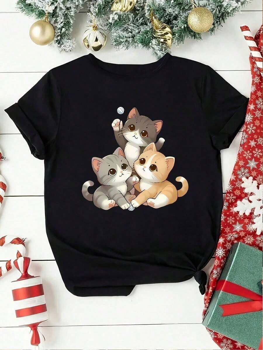 Women's Short-Sleeved Crew Neck T-Shirt With A Print, Made From Pure Cotton. The Classic, Minimalist Crew Neck Is Versatile And Flattering For All Body Types. Perfect For Dates, Commuting, And Casual Outings. - 黑色 - 查看 1