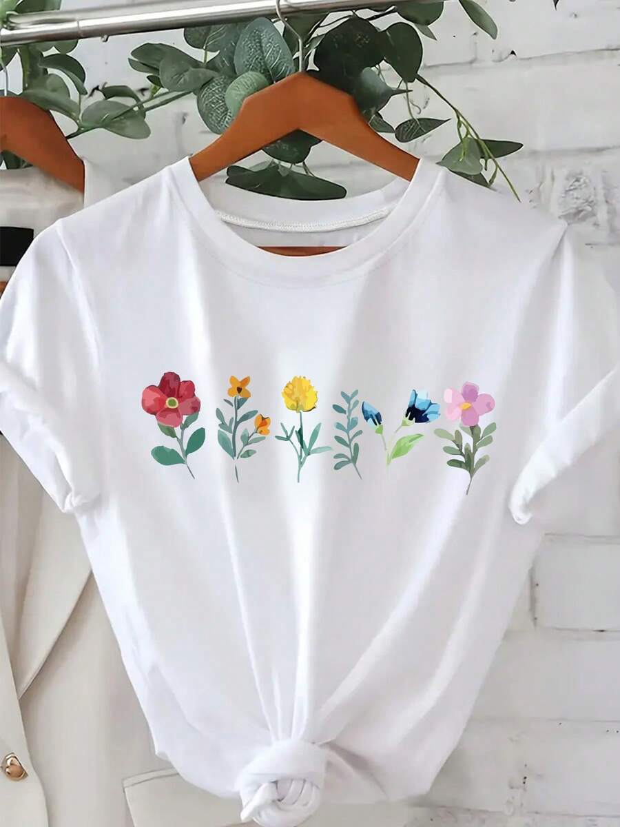 A Casual Women's Round Neck T-Shirt With A Floral Print, Made Of Knit Fabric, Featuring A Plant Design, Regular Length, Suitable For All Seasons, Short Sleeves, Made Of Pure Cotton, Soft, Round Neck, Ideal As A Holiday Gift, Fitted Design, Comfortable For All Seasons, Fashionable Women's T-Shirt, Printed Design T-Shirt With Round Neck, Machine Washable, Short Sleeves, Affordable T-Shirt, Fun Printed Shirt, Non-See-Through Material, Casual Top For Everyday Wear, Lightweight And Stretchy, Comfortable For Sports And Weekend Wear. - 白色 - 查看 1