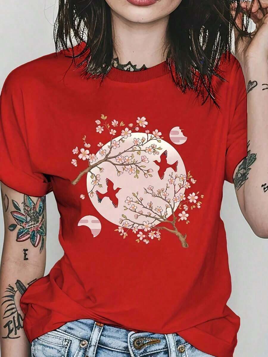 Camiseta de Verano Transpirable para Mujer Sakura - Camiseta Unisex de Algodón, Corte Holgado, Cómoda, Estilo Vintage Urbano, Adecuada para primavera, verano y otoño - Rojo - Ver 1