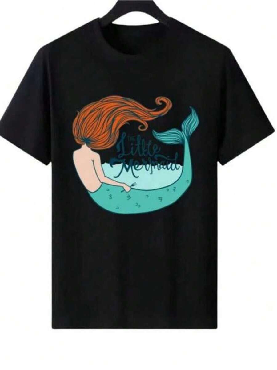 &nbsp;Disneys Mermaid Pattern Woman Black Summer Round Neck Parent-child Clothing Tops Ladies Cheap Short Sleeves T-Shirt Sweatshirts