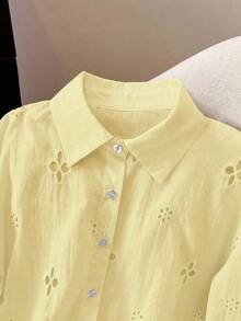 Camisa casual de mujer de manga larga con bordado calado y abotonadura sencilla - Azul - Ver 11