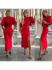 Women's Long Summer Dress In European Style, Sensual Design With Slit And Adjustable Laces - 紅色 - 查看 2