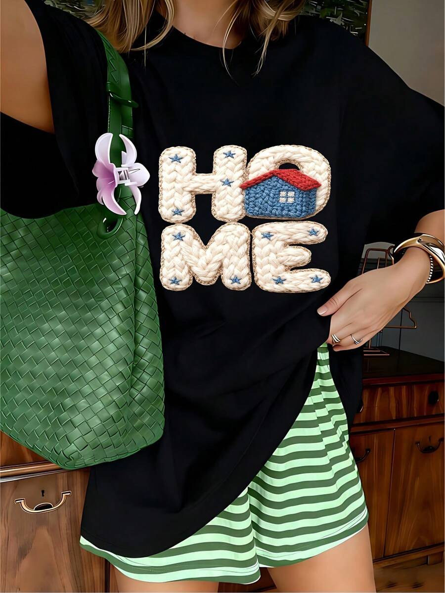 Home Sweet Home Graphic T-Shirt, 100% Cotton Oversized Soft Breathable Casual Crewneck Short Sleeve Top, Retro Summer Vibes Streetwear Style Tee For Women & Home Lovers - 黑色 - 查看 1