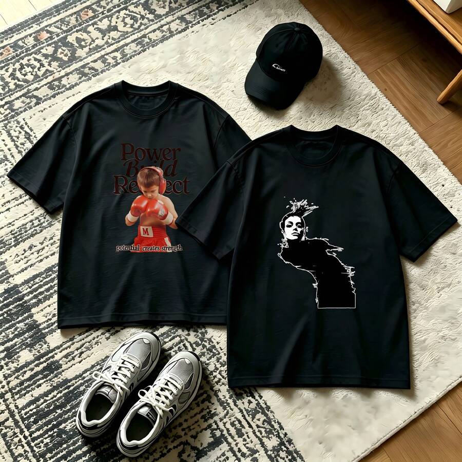 2-Piece Couple Matching Pattern T-Shirt, 100% Cotton, Loose Fit, Soft And Breathable, Casual Round Neck Short Sleeved Top Power Build Respect Skull And Crown Versatile Patterns No Picky Combinations Coordinated Dating Casual Travel Simple And Cartoonish Printing Styles High Cost-Effectiveness - 黑色 - 查看 1