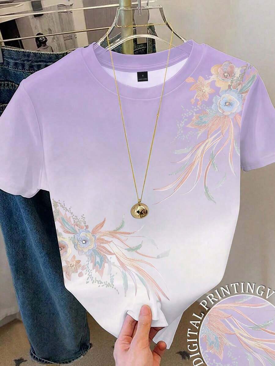 Camiseta de manga corta casual con estampado floral, versátil para el verano - Multicolor 4 - Ver 1
