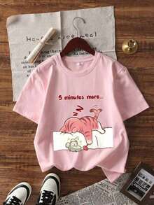 1 Women's Summer T-Shirt With Round Neck And Short Sleeves, Printed With The Phrase "Sleeping Cat" In English, Suitable For Summer, Beach, Street, And Everyday Party Occasions. Y2K Stylish Vacation Top, Casual Summer Outfit, Women's Holiday Clothes - 粉色 - 查看 5