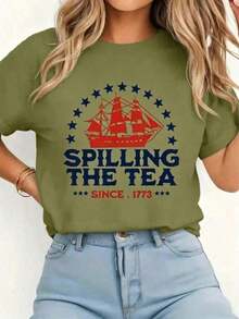 2026 New Arrival,1PC, Spilling The Tea Since 1773 Fourth Of July T-Shirt Print T-Shirt Casual Crew Neck Short Sleeve Comfort Tee Top For Spring & Summ - 軍綠色 - 查看 5