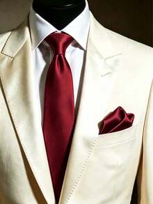 1 Set Solid Color Necktie & Pocket Square Set, 8cm Handmade Necktie & Handkerchief Set, Suitable For Wedding, Banquet, Party - Burgundy - View 1