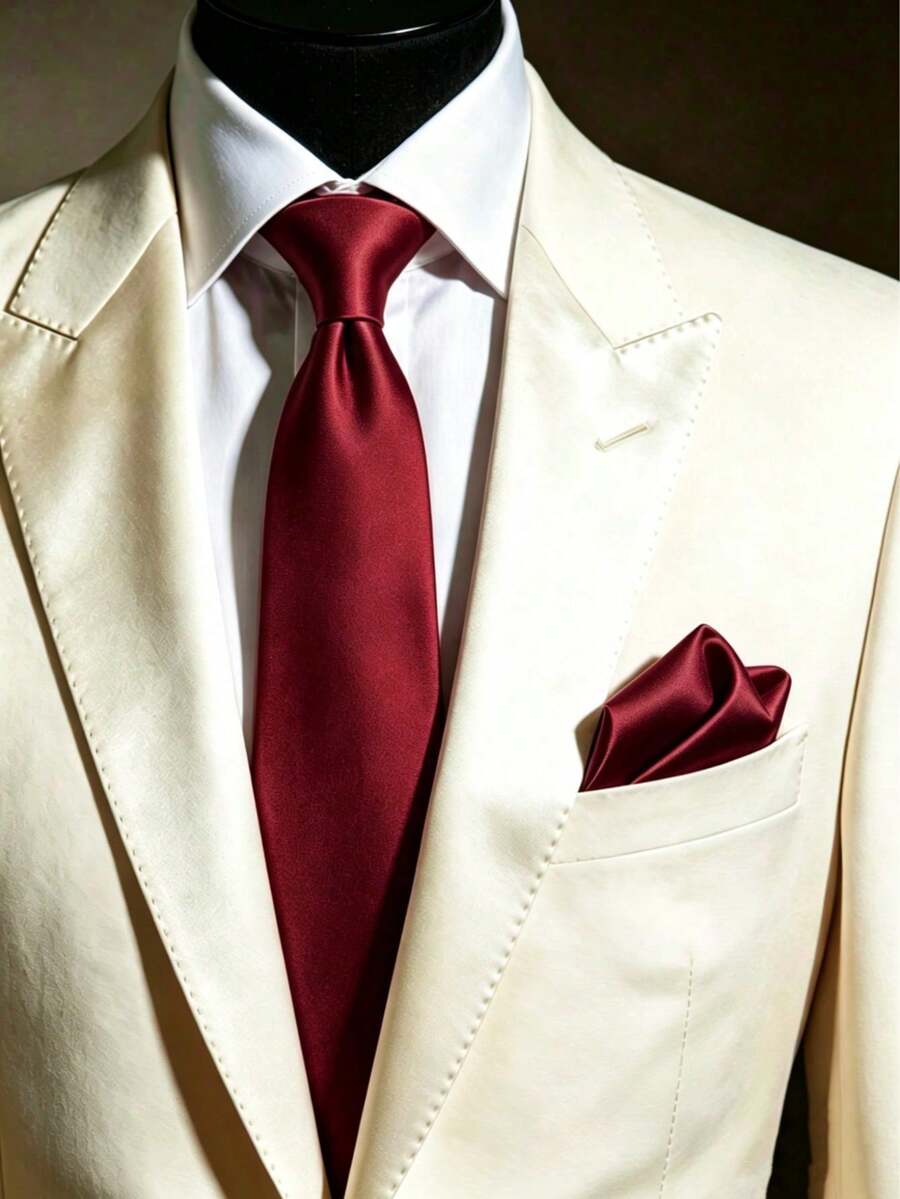 1 Set Solid Color Necktie & Pocket Square Set, 8cm Handmade Necktie & Handkerchief Set, Suitable For Wedding, Banquet, Party - Burgundy - View 1