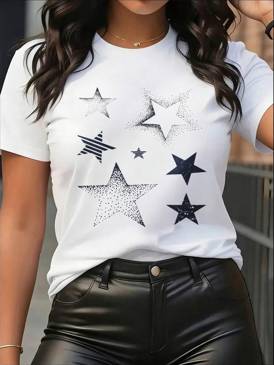 Camiseta de manga corta para mujer, con estampado de estrellas en múltiples formas, con rayas, puntos y texturas desgastadas, estrellas de diferentes tamaños, estilo minimalista, cuello redondo. - Blanco - Ver 1