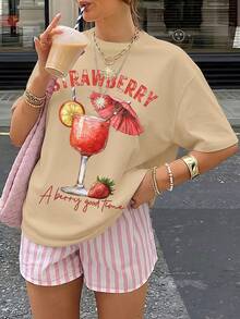 Camiseta de mujer con estampado de plantas de fresa, camiseta casual de manga corta con cuello redondo, adecuada para vacaciones, fiestas y uso diario - Camiseta unisex de algodón suelto de manga corta y cuello redondo estilo vintage, blusas para mujer. blusas.blusas casuales para dama. - Albaricoque - Ver 6