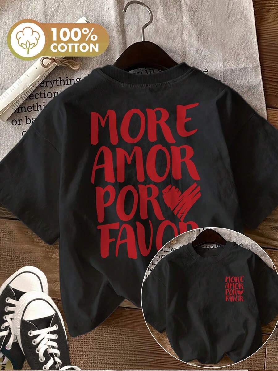 [Impresión a Doble Cara]Camiseta de Mujer - Estilo Apasionado, Estampado de Corazones y Letras, "Más Amor Por Favor," Algodón Puro, Casual, Versátil, Cuello Redondo, Manga Corta, Camiseta Estampada para Mujer - Estilo Urbano Vintage, Camiseta Unisex de Algodón Holgada de Manga Corta y Cuello Redondo para Mujer. blusas.blusas casuales para dama. - Negro - Ver 1