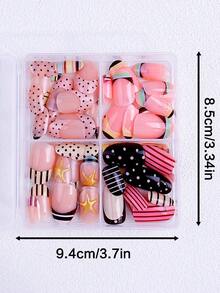96Pcs/Set Short Oval Press On Nails, Classic Nude, Red, Pink, Green And Gold Color With French Edges, False Nails Featuring Polka Dots, Stripes, And Stars; French Nails With Polka Dots.Suitable For Women And Girls, Party, Daily Wear, Vacations & Other Occasions. Comes With 2pcs Jelly Gel & 2pcs Nail File, Great Gift For Ladies Nails Nail Supplies - Multicolor - View 4