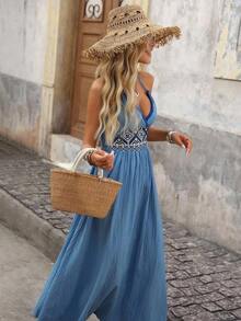 YHHBrillora Vestido largo de vacaciones con estampado geométrico jacquard sin espalda para mujerYHH - Rosa - Ver 11