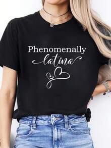 Camiseta Deportiva Casual de Manga Corta y Cuello Redondo para Mujer con Estampado de Letras en Español para Primavera y Verano - Negro - Ver 6